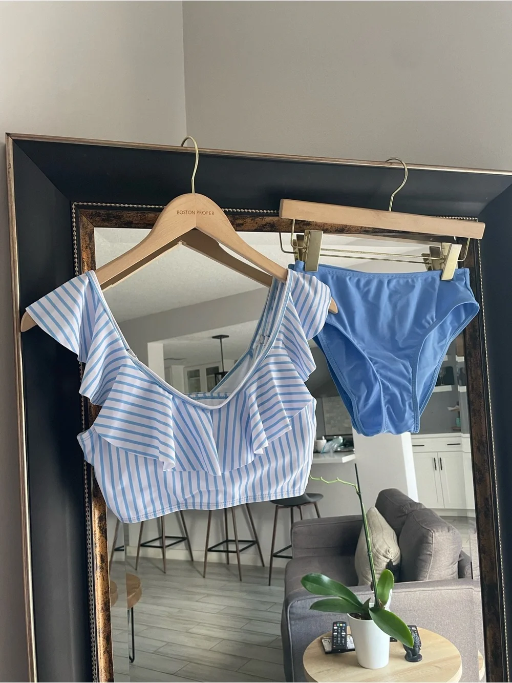 SHEIN Girls Blue & White Striped Ruffle Bikini Swimsuit Set | Size 14Y | NWT